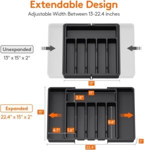 Lifewit Extra Large Cutlery Organizer, Expandable Silverware Drawer Organizer for Kitchen, Adjustable Cutlery Tray Drawer Organizer for Spoon Forks Knives, Cutlery Crocks, 13-22 x 15", Black XL (13-22''W x 15''D) Black