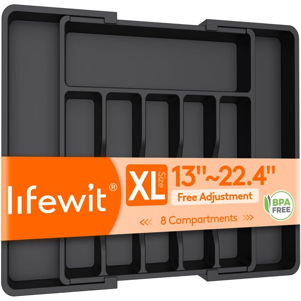 Lifewit Extra Large Cutlery Organizer, Expandable Silverware Drawer Organizer for Kitchen, Adjustable Cutlery Tray Drawer Organizer for Spoon Forks Knives, Cutlery Crocks, 13-22 x 15", Black XL (13-22''W x 15''D) Black