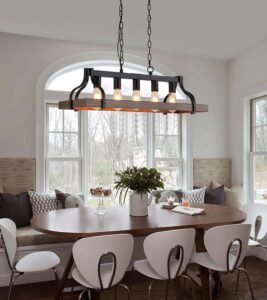 MEIXISUE Kitchen Island Pendant Lighting Rustic 5-Light Retro Wood Metal Finish Dining Room Over Table Chandelier W33.5 UL Listed