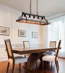 MEIXISUE Kitchen Island Pendant Lighting Rustic 5-Light Retro Wood Metal Finish Dining Room Over Table Chandelier W33.5 UL Listed