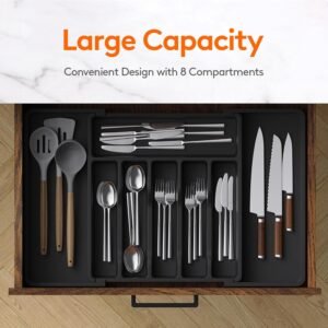 Lifewit Extra Large Cutlery Organizer, Expandable Silverware Drawer Organizer for Kitchen, Adjustable Cutlery Tray Drawer Organizer for Spoon Forks Knives, Cutlery Crocks, 13-22 x 15", Black XL (13-22''W x 15''D) Black