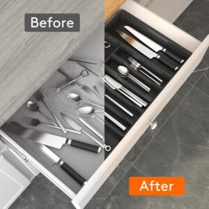 Lifewit Extra Large Cutlery Organizer, Expandable Silverware Drawer Organizer for Kitchen, Adjustable Cutlery Tray Drawer Organizer for Spoon Forks Knives, Cutlery Crocks, 13-22 x 15", Black XL (13-22''W x 15''D) Black