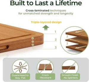 Keechee Bamboo Cutting Board, Durable Wood Cutting Boards for Kitchen with Deep Juice Grooves & Built-in Handles, Ideal Charcuterie & Chopping for Meat, Vegetables and Fruits Kitchen Gifts for Men Carbonized Bamboo (Brown) 3-Piece