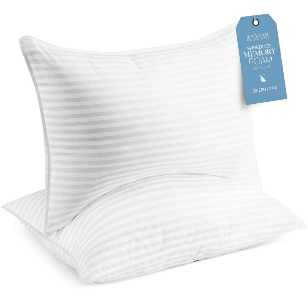 Beckham Hotel Collection Queen/Standard Size Memory Foam Bed Pillows Set of 2 - Cooling Shredded Foam Pillow for Back, Stomach or Side Sleepers Queen White