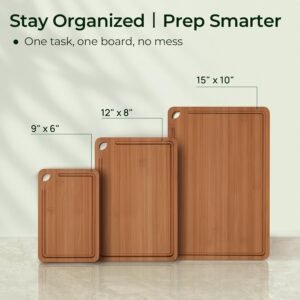 Keechee Bamboo Cutting Board, Durable Wood Cutting Boards for Kitchen with Deep Juice Grooves & Built-in Handles, Ideal Charcuterie & Chopping for Meat, Vegetables and Fruits Kitchen Gifts for Men Carbonized Bamboo (Brown) 3-Piece