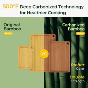 Keechee Bamboo Cutting Board, Durable Wood Cutting Boards for Kitchen with Deep Juice Grooves & Built-in Handles, Ideal Charcuterie & Chopping for Meat, Vegetables and Fruits Kitchen Gifts for Men Carbonized Bamboo (Brown) 3-Piece