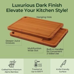 Keechee Bamboo Cutting Board, Durable Wood Cutting Boards for Kitchen with Deep Juice Grooves & Built-in Handles, Ideal Charcuterie & Chopping for Meat, Vegetables and Fruits Kitchen Gifts for Men Carbonized Bamboo (Brown) 3-Piece