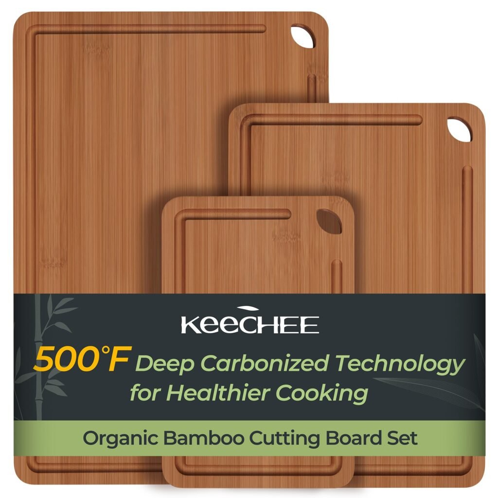 Keechee Bamboo Cutting Board, Durable Wood Cutting Boards for Kitchen with Deep Juice Grooves & Built-in Handles, Ideal Charcuterie & Chopping for Meat, Vegetables and Fruits Kitchen Gifts for Men Carbonized Bamboo (Brown) 3-Piece